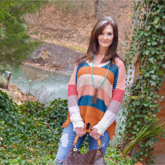 Sweaters - New Teal And Rust Long Distressed Sweater